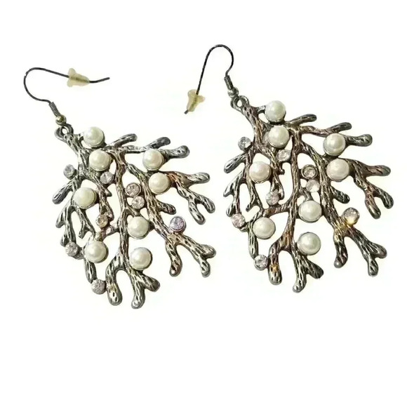 Unique Drop Earring PEARLS and BRANCHES Rhinestones GOLD/SILVER/COPPER Dangle - Picture 3 of 6